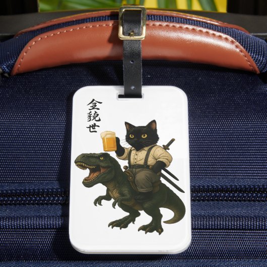 Étiquette À Bagage Samurai Cat with Beer & T-Rex | Retro Japanese Art (Insitu Rectoal 2)