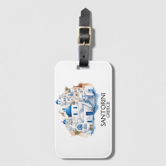 Étiquette À Bagage Santorin Grèce Bleu Toit Bâtiments Architecture (Devant Vertical)