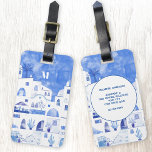 Étiquette À Bagage Santorin Monogram Aquarelle Art<br><div class="desc">Aquarelle bleue et blanche de la ville d'Oia sur la belle île grecque de Santorin pour faire vos sacs de voyage se démarquer de la foule. Art original de Nic Squirrell. Modifiez le monogramme initial sur le devant et les détails sur le dos pour personnaliser.</div>