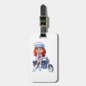 Étiquette À Bagage Sassy Biker Girl avec cheveux rouges et moto (Devant Vertical)