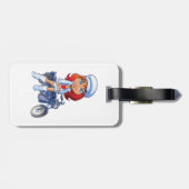 Étiquette À Bagage Sassy Biker Girl avec cheveux rouges et moto (Dos horizontal)