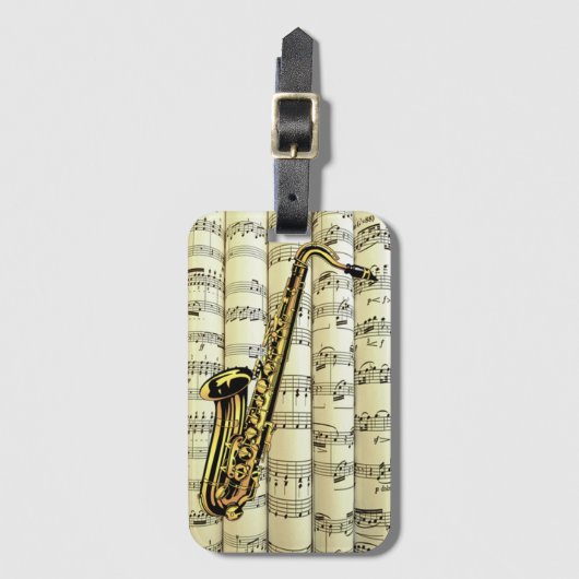 Étiquette À Bagage Saxophone Sur Partition Roulée ~ (Devant Vertical)