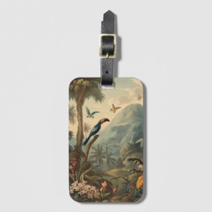 Étiquette À Bagage Scène botanique vintage de Toucans et fleurs
