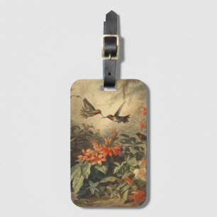 Étiquette À Bagage Scène botanique vintage d'hummingbirdet de fleurs