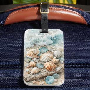 Étiquette À Bagage Scène de coquillages côtiers à l'aquarelle sur boi