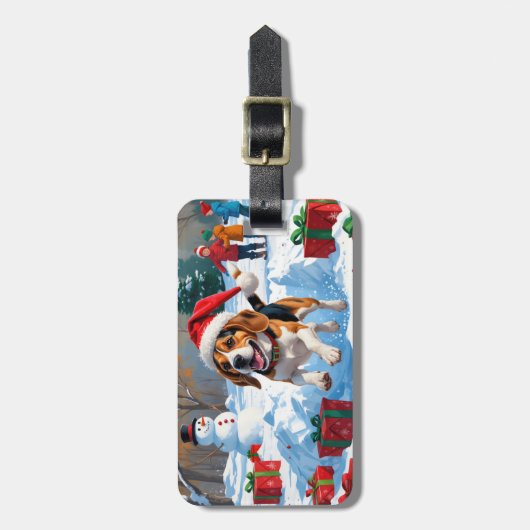 Étiquette À Bagage Scène de fête de Noël beagle (Devant Vertical)