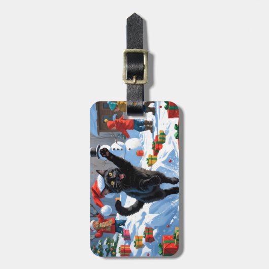 Étiquette À Bagage Scène de fête de Noël de chat noir (Devant Vertical)