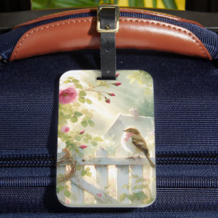 Étiquette À Bagage Scène de jardin à la rose et aux oiseaux à l'aquar