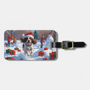 Étiquette À Bagage Scène de neige festive de Noël avec Épagneul Breto