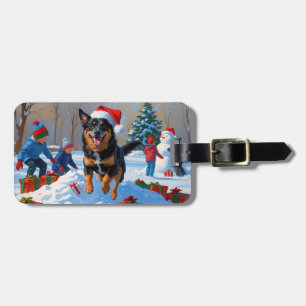 Étiquette À Bagage Scène de neige festive de Noël avec Malinois belge