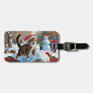 Étiquette À Bagage Scène de neige festive de Noël avec un chat Bengal