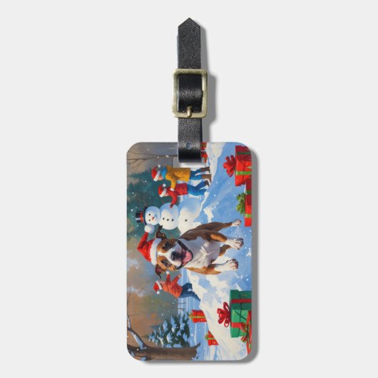 Étiquette À Bagage Scène de Noël de Bull Terrier (Devant Vertical)