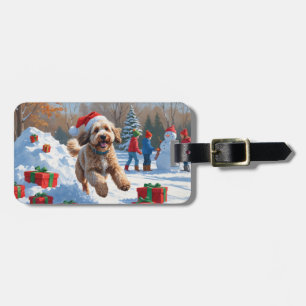 Étiquette À Bagage Scène de Noël enneigée avec un Bernedoodle festif