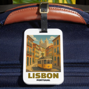 Étiquette À Bagage Scène de rue rétro avec tramway vintage à Lisbonne