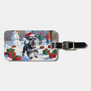 Étiquette À Bagage Schnauzer courant dans la neige avec un chapeau de