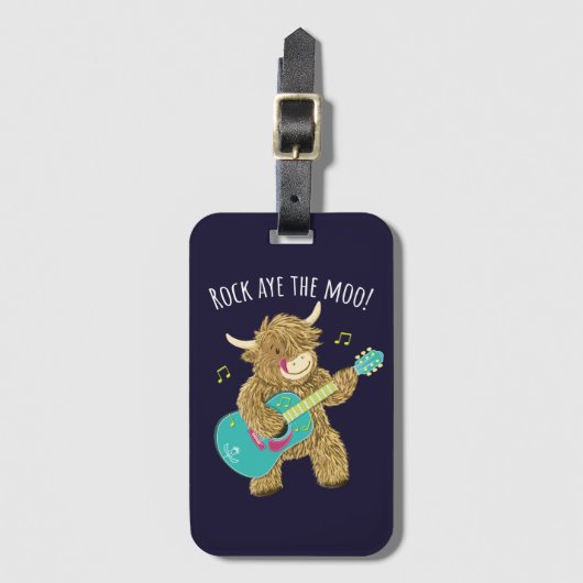 Étiquette À Bagage Scottish Highland Cow Guitarist Rock Aye The Moo! (Devant Vertical)