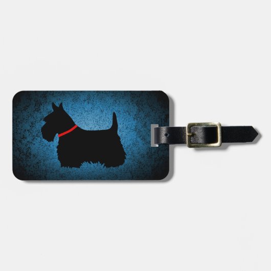 Étiquette À Bagage Scottish Terrier, silhouette noire, bleu granit (Devant horizontal)