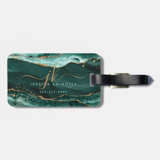 Étiquette À Bagage Script Agate Turquoise Monogramme Parties scintill (Dos horizontal)
