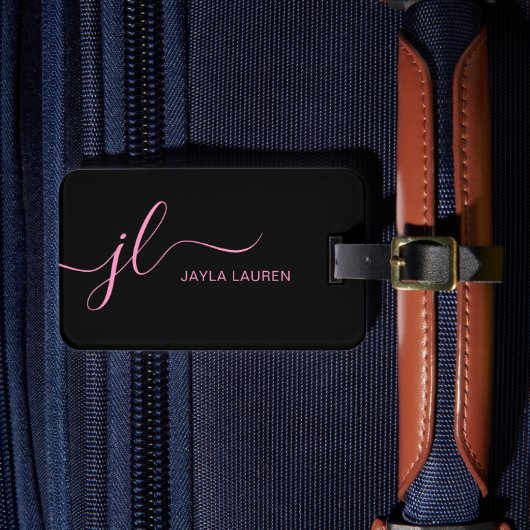 Étiquette À Bagage Script De Monogramme Rose Et Noir Élégant (Insitu Rectoal 4)