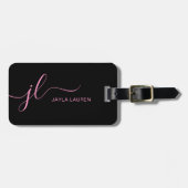 Étiquette À Bagage Script De Monogramme Rose Et Noir Élégant (Devant horizontal)