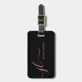 Étiquette À Bagage Script De Monogramme Rose Et Noir Élégant (Devant Vertical)
