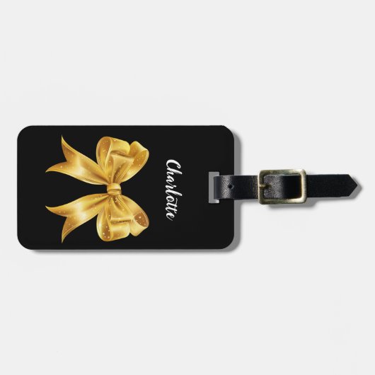 Étiquette À Bagage Script de nom d'arc en or noir (Devant horizontal)