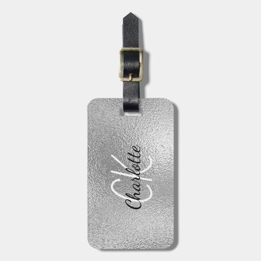 Étiquette À Bagage Script de nom des initiales du monogramme d'argent (Devant Vertical)