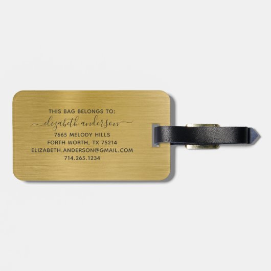 Étiquette À Bagage Script de nom du monogramme métal brossé or (Dos horizontal)