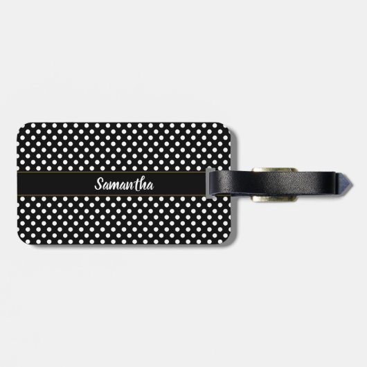 Étiquette À Bagage Script de nom simple en noir et blanc Pois (Dos horizontal)