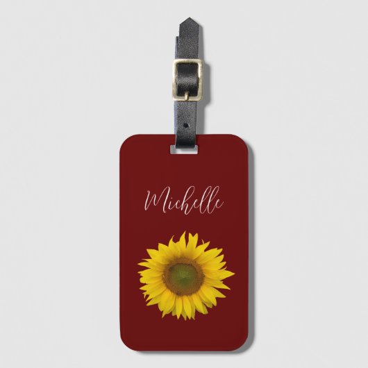 Étiquette À Bagage Script élégant de tournesol moderne rouge (Devant Vertical)