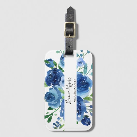 Étiquette À Bagage Script floral bleu marine moderne (Devant Vertical)