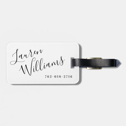 Étiquette À Bagage Script moderne blanc et noir (Dos horizontal)