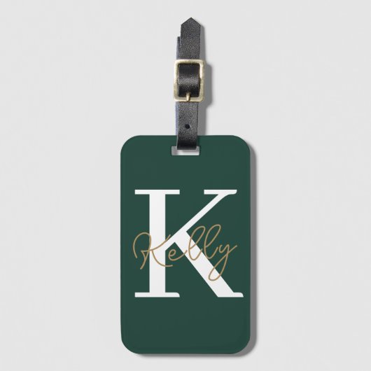 Étiquette À Bagage Script moderne Emerald Green Monogram (Devant Vertical)