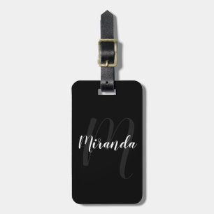 Étiquette À Bagage Script moderne Monogramme personnalisé et nom noir