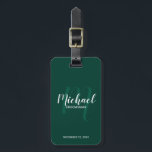 Étiquette À Bagage Script moderne Salons personnalisés<br><div class="desc">Ajoutez une touche personnelle à votre mariage avec une étiquette de bagage personnalisée pour groomsmen. Cette étiquette de bagage comporte le nom des groomsmen personnalisées en blanc style de police de script moderne et monogramme en vert émeraude clair style de police de script moderne comme arrière - plan avec titre...</div>