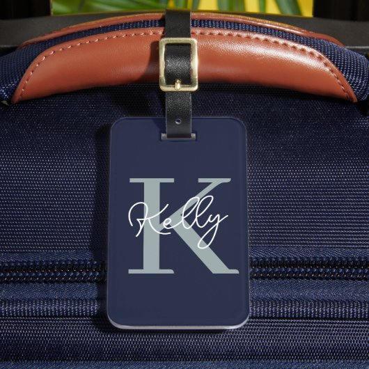 Étiquette À Bagage Script Monogramme bleu marine moderne (Insitu Rectoal 2)