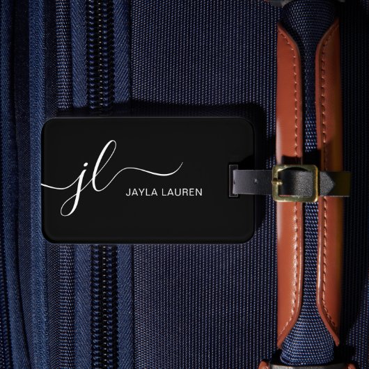 Étiquette À Bagage Script Monogramme Minimal Moderne Noir Et Blanc (Insitu Rectoal 4)