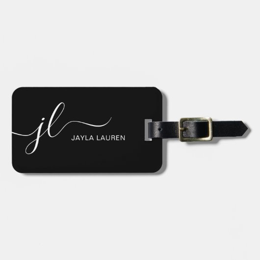 Étiquette À Bagage Script Monogramme Minimal Moderne Noir Et Blanc (Devant horizontal)