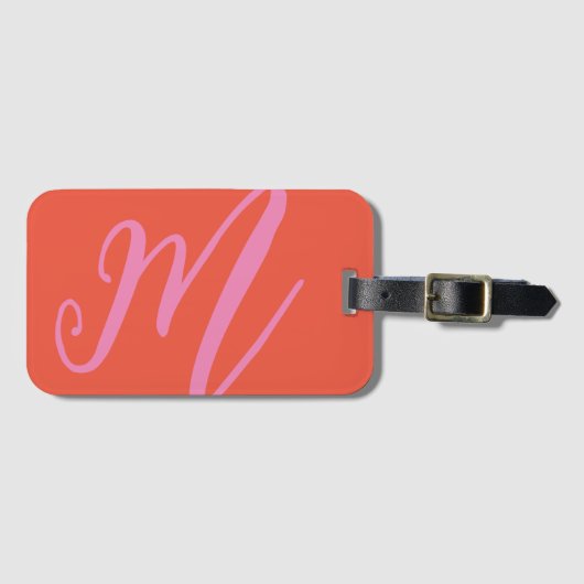 Étiquette À Bagage Script Monogramme Nom moderne rose et orange (Devant Horizontal)