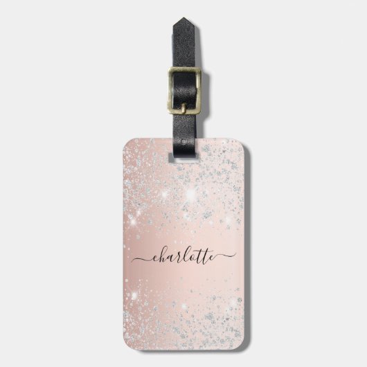 Étiquette À Bagage Script rose or argent nom (Devant Vertical)
