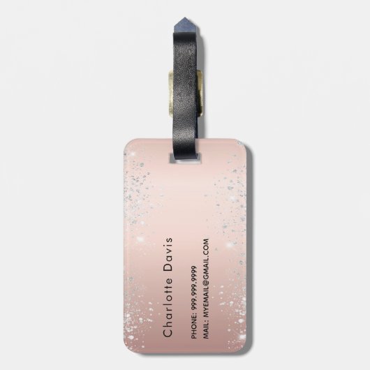 Étiquette À Bagage Script rose or argent nom (Dos Vertical)