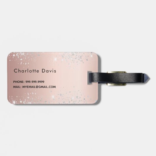 Étiquette À Bagage Script rose or argent nom (Dos horizontal)