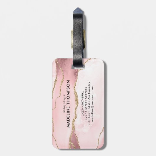 Étiquette À Bagage Script tendance Blush Rose Agate Geode Gold Monogr (Dos Vertical)