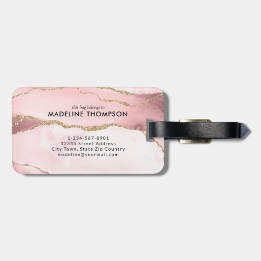 Étiquette À Bagage Script tendance Blush Rose Agate Geode Gold Monogr (Dos horizontal)