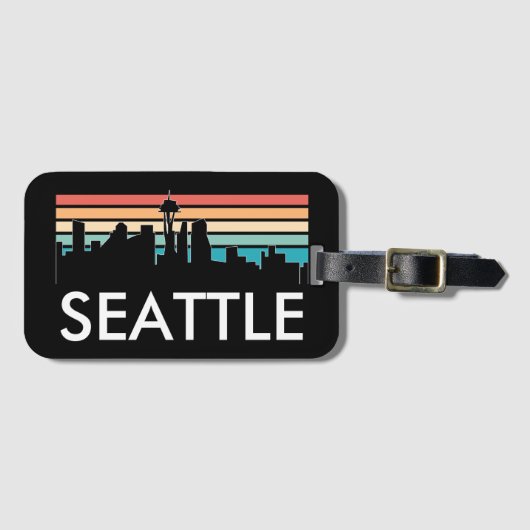 Étiquette À Bagage Seattle Washington Retro Sunset Skyline tendance (Devant Horizontal)