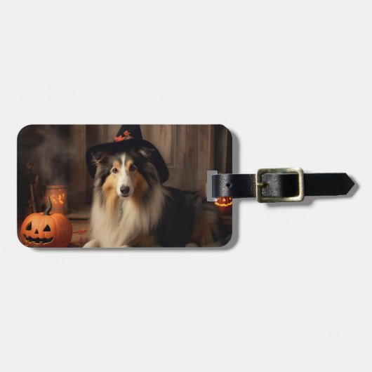 Étiquette À Bagage Shetland Sheepdog Citrouille Halloween effrayant (Devant horizontal)