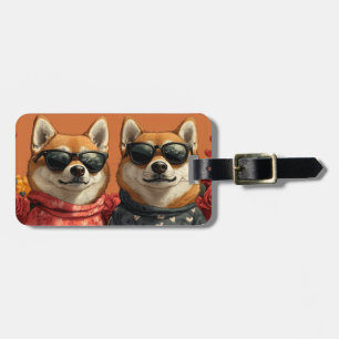 Étiquette À Bagage Shiba Inu avec Roses de cœur Saint-Valentin