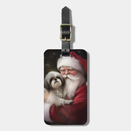 Étiquette À Bagage Shih Tzu Avec Noël Festif Du Père Noël (Devant Vertical)