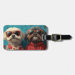 Étiquette À Bagage Shih Tzu avec Roses de coeur Saint Valentin