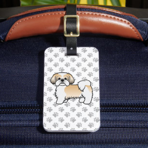 Étiquette À Bagage Shih Tzu de dessin animé or et blanc & Texte perso